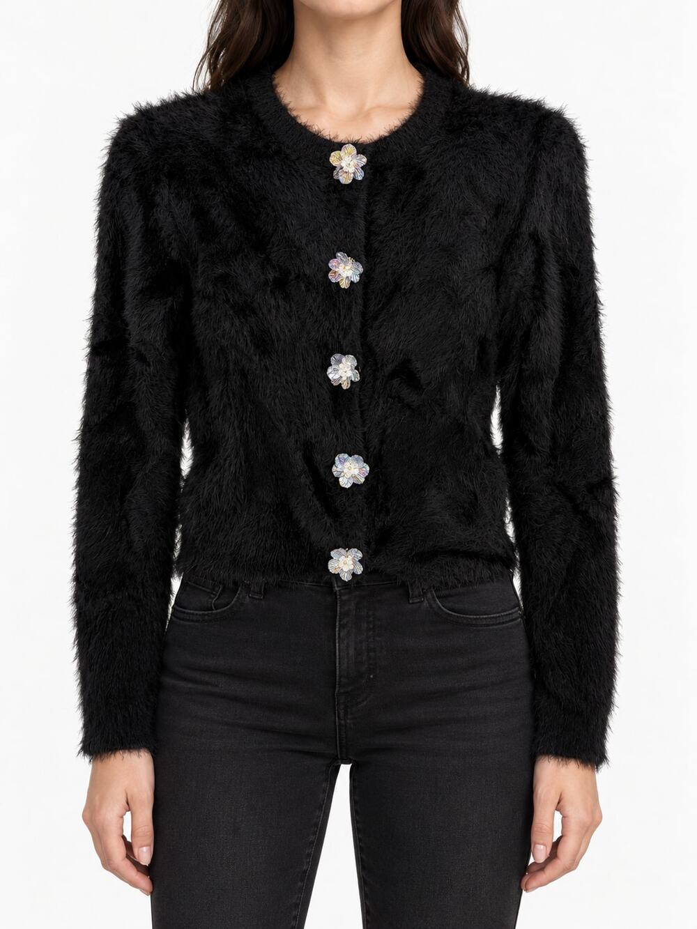 Zara Crystal Flower Button Faux Fur Cardigan Black Womens XS Cropped Long Sleeve